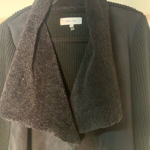 John + Jenn Black Cardigan with Fuzzy Collar and Ribbed Texture